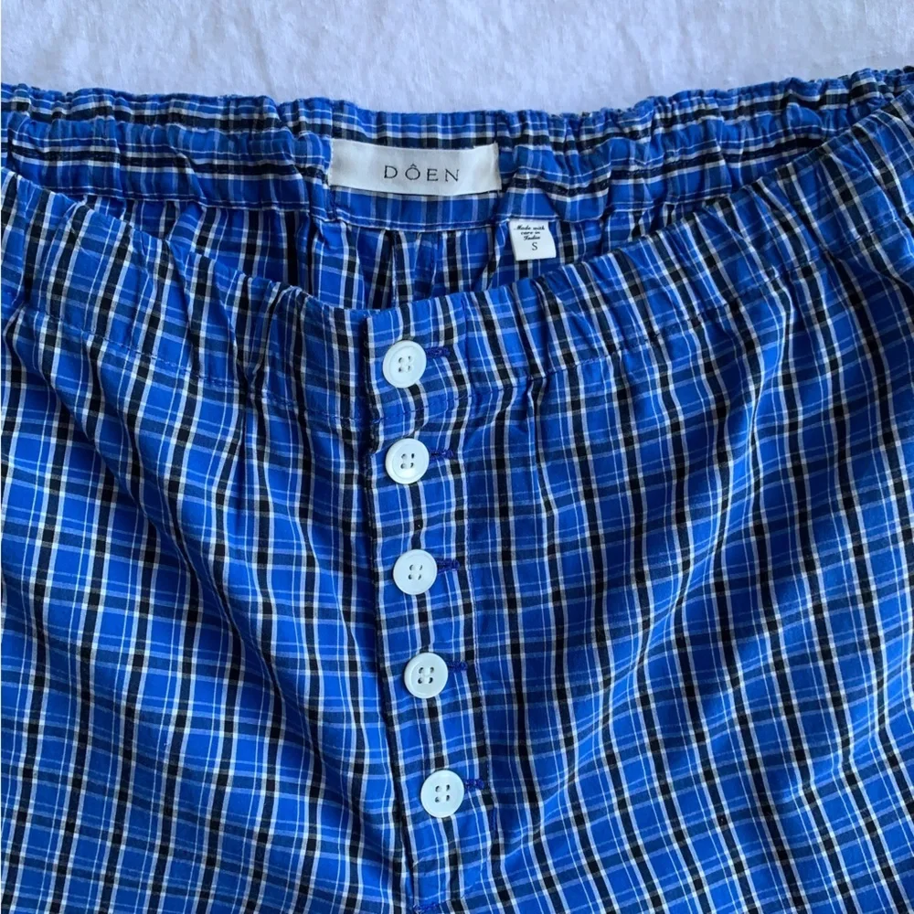 Doen Morgan Cotton Poplin Plaid Drawstring Pull On Baggy Pants Cassis Check Blue - Picture 8 of 13